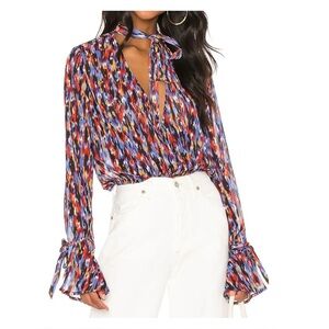 House Of Harlow 1960 X REVOLVE Joli Tie Cuff Blouse Size XL Abstract Blue Multi